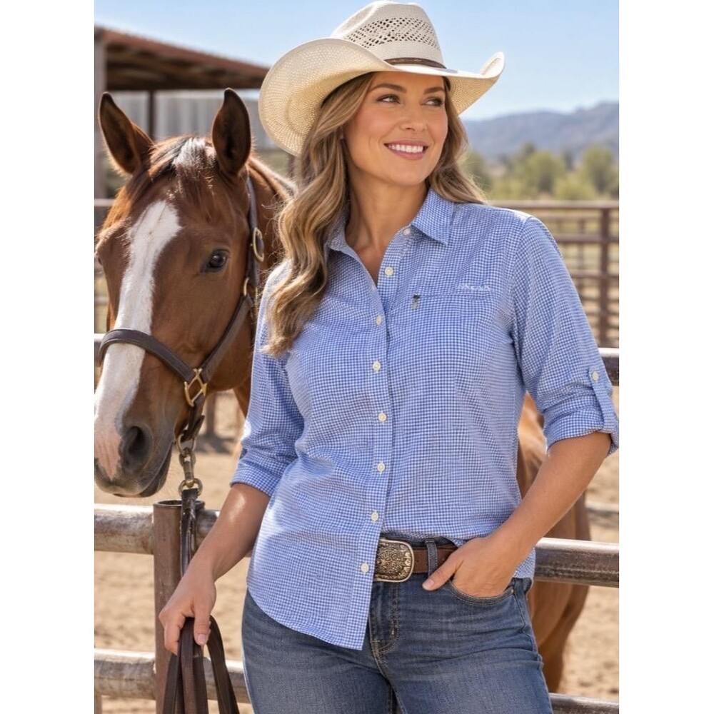 Ariat Vent Tek Corral Shirt Womens XL Blue Stretch Roll Tab Sleeves Horse Riding